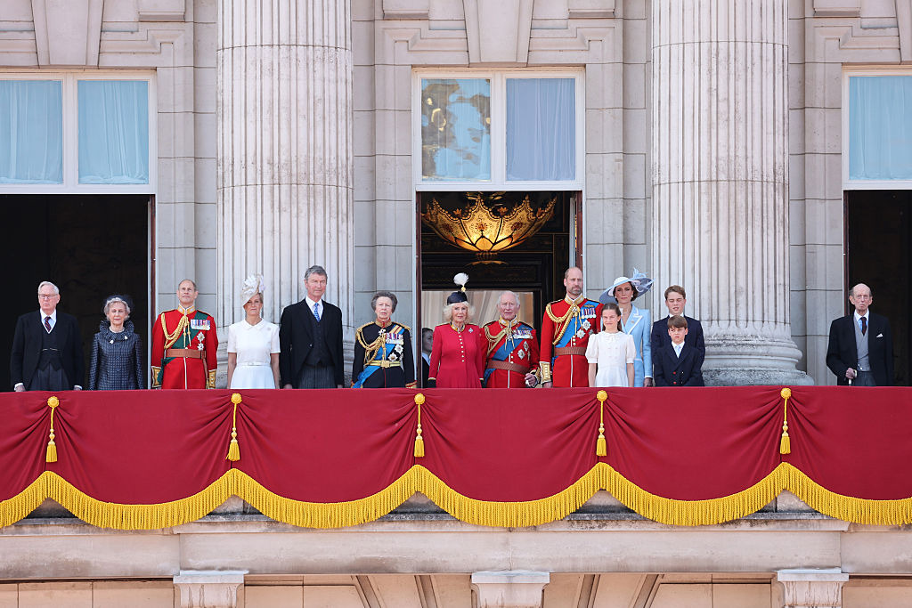 The Royal Family watch an RAF flypast from the balcony of Buckingham Palace during Trooping The Colour.