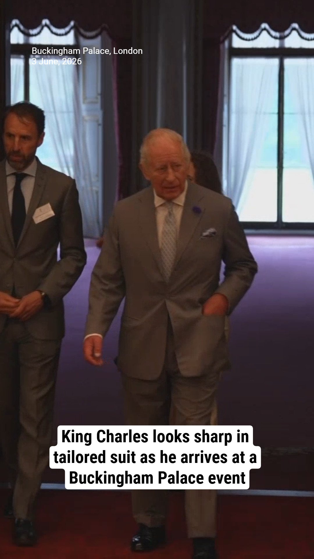King Charles looks sharp in a tailored suit as he arrives at a Buckingham Palace event