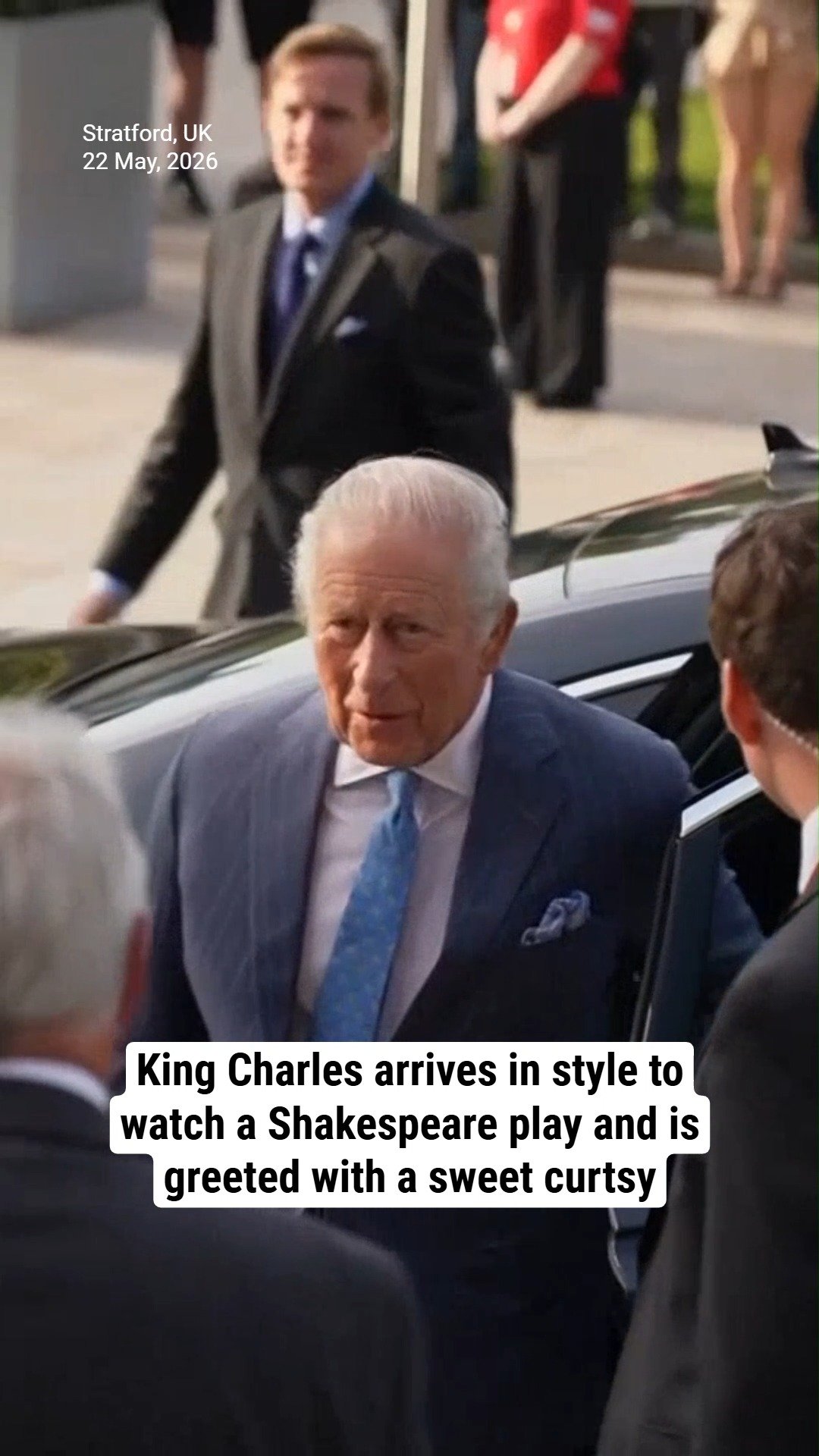 King Charles arrives in style to watch a Shakespeare play and is greeted with a sweet curtsy
