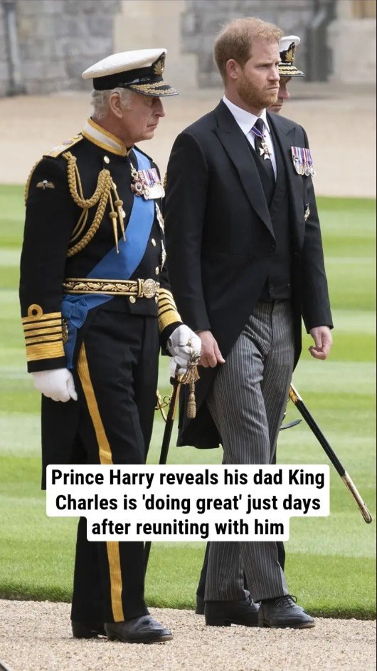 Prince Harry reveals his dad King Charles is 'doing great' just days after reuniting with him