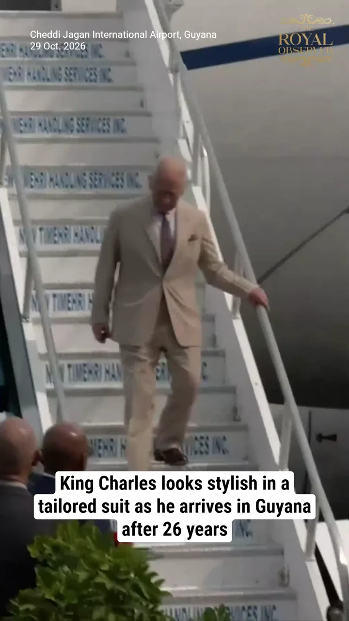 King Charles looks stylish in a tailored suit as he arrives in Guyana after 26 years