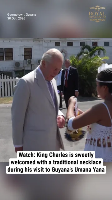 Watch: King Charles is sweetly welcomed with a traditional necklace during his visit to Guyana's Umana Yana