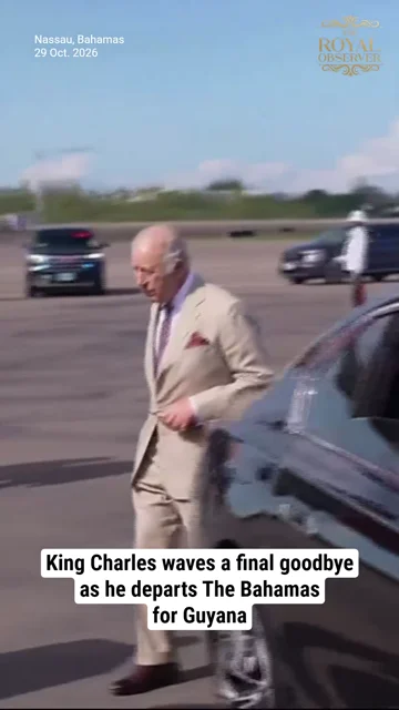 King Charles waves a final goodbye as he departs The Bahamas for Guyana