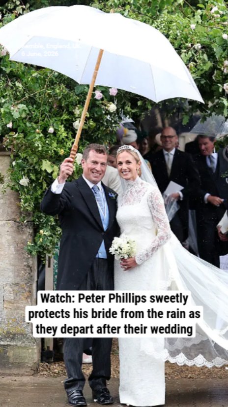 Watch: Peter Phillips sweetly protects his bride from the rain as they depart after their wedding