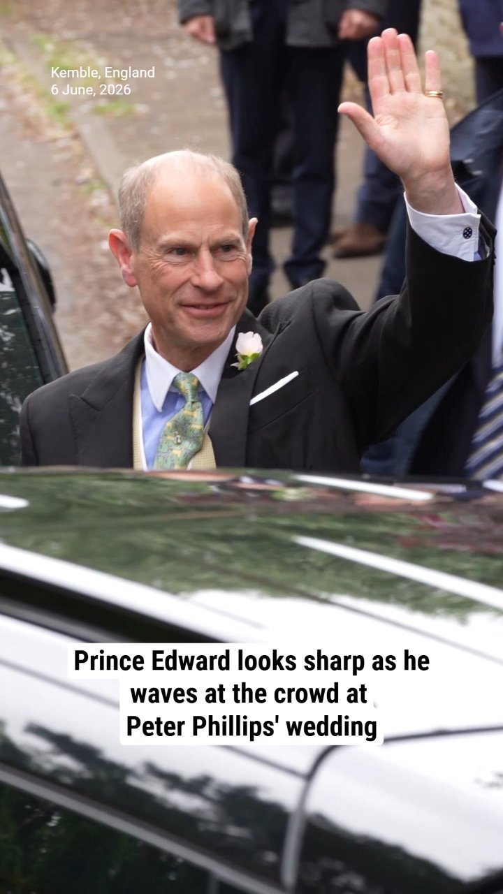 Prince Edward looks sharp as he waves at the crowd at Peter Phillips' wedding
