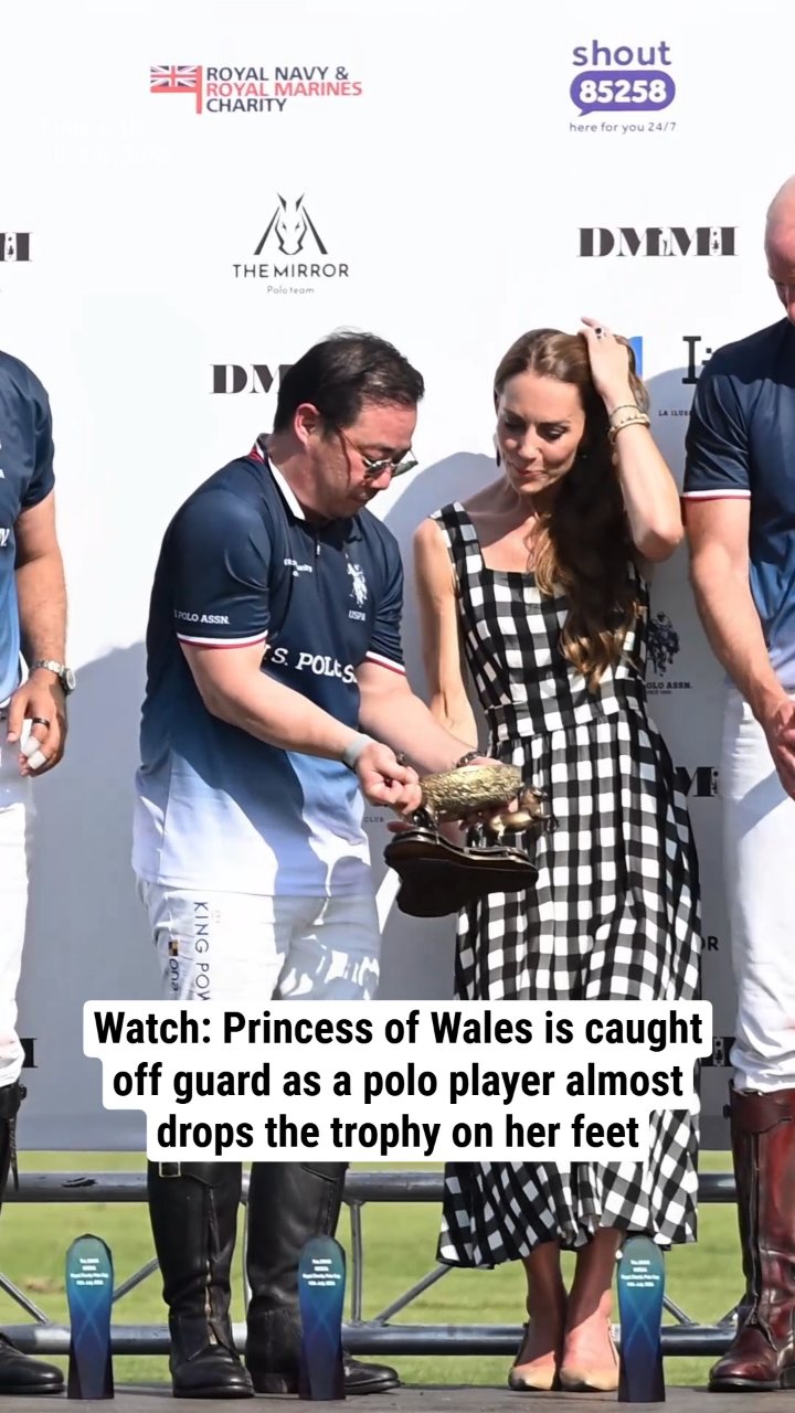 Watch: Princess of Wales is caught off guard as polo player almost drops the trophy on her feet