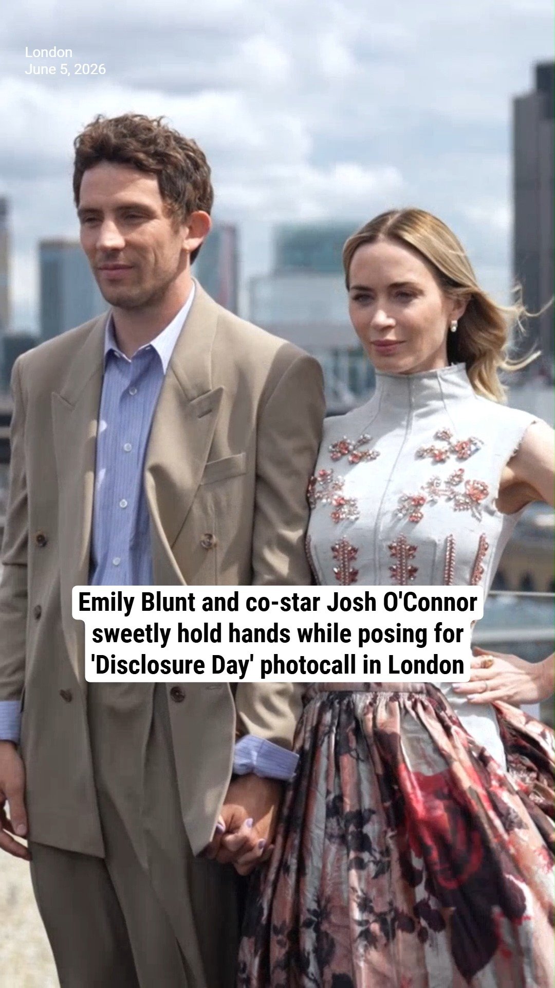 Emily Blunt and co-star Josh O'Connor sweetly hold hands while posing for 'Disclosure Day' photocall in London
