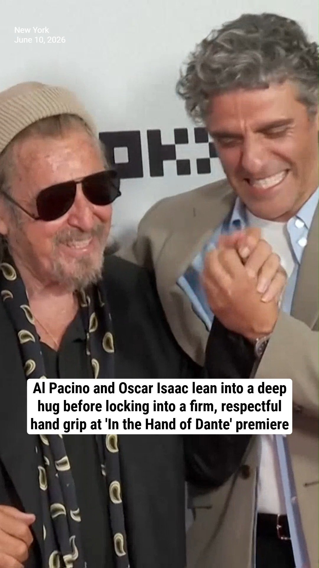 Al Pacino and Oscar Isaac lean into a deep hug before locking into a firm, respectful hand grip at 'In the Hand of Dante' New York premiere
