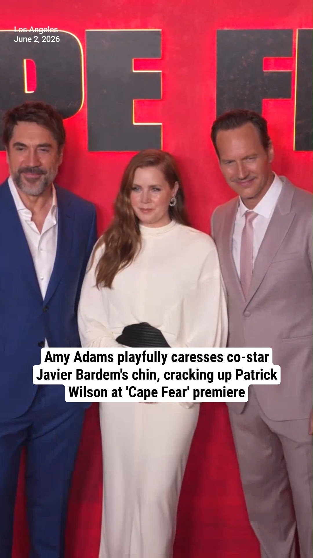 Amy Adams playfully caresses co-star Javier Bardem's chin, cracking up Patrick Wilson at 'Cape Fear' premiere