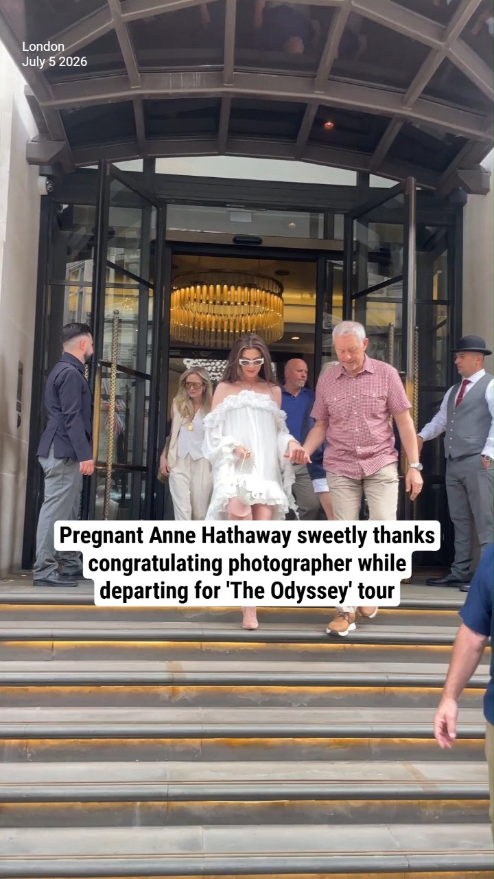 Pregnant Anne Hathaway sweetly thanks congratulating photographer while departing for 'The Odyssey' tour