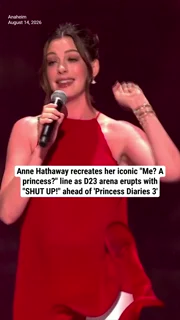 Anne Hathaway recreates her iconic "Me? A princess?" line as D23 arena erupts with "SHUT UP!" ahead of 'Princess Diaries 3'