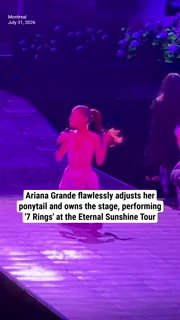 Ariana Grande flawlessly adjusts her ponytail and owns the stage, performing '7 Rings' at the Eternal Sunshine Tour