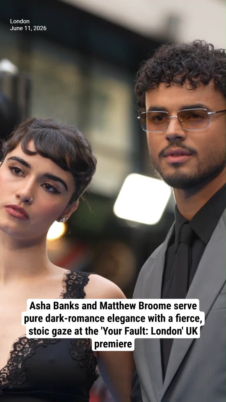 Asha Banks and Matthew Broome serve pure dark-romance elegance with a fierce, stoic gaze at the 'Your Fault: London' UK premiere