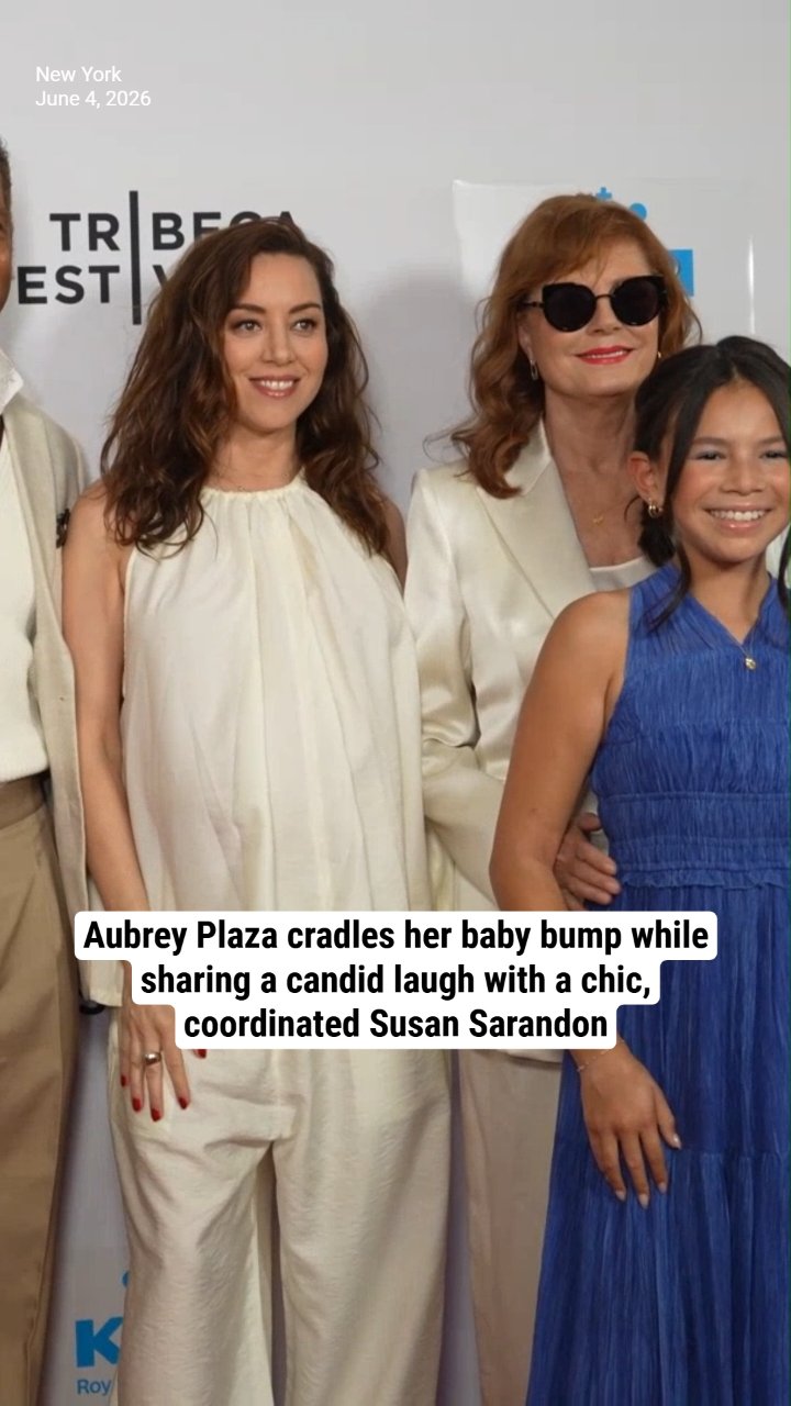 Aubrey Plaza cradles her baby bump while sharing a candid laugh with a chic, coordinated Susan Sarandon