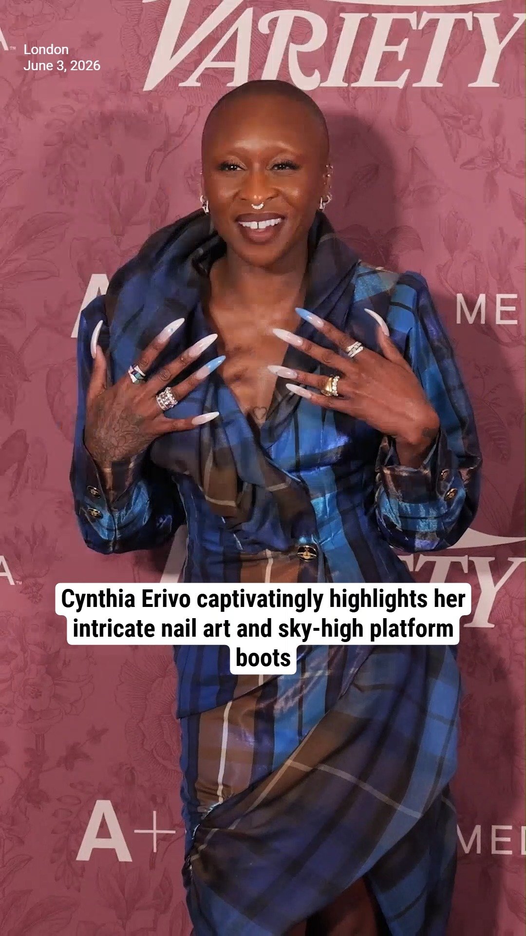 Cynthia Erivo captivatingly highlights her intricate nail art and sky-high platform boots
