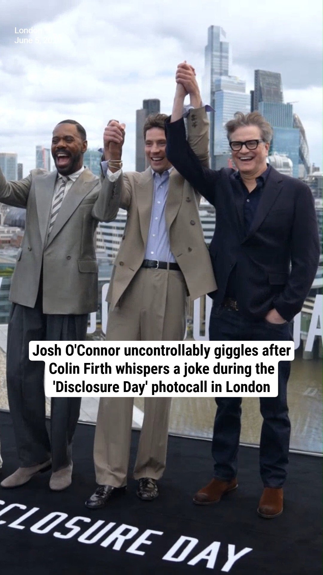 Josh O'Connor uncontrollably giggles after Colin Firth whispers a joke during the 'Disclosure Day' photocall in London