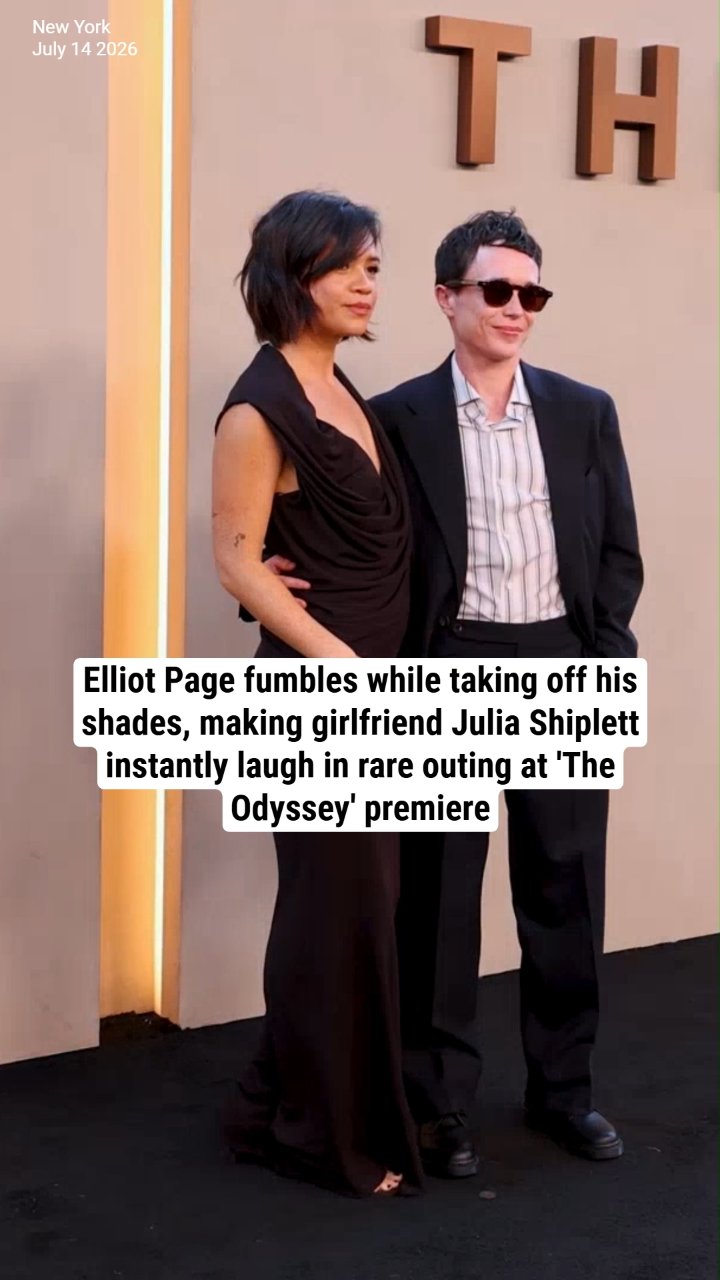 Elliot Page fumbles while taking off his shades, making girlfriend Julia Shiplett instantly laugh in rare outing at 'The Odyssey' premiere