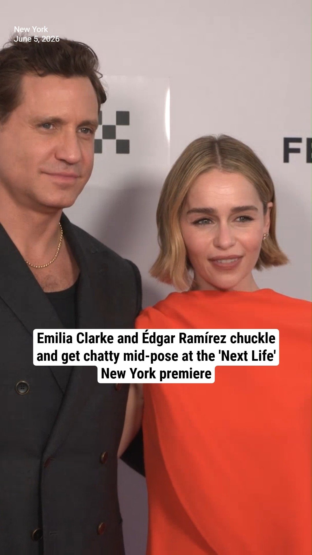 Emilia Clarke and Édgar Ramírez chuckle and get chatty mid-pose at the 'Next Life' New York premiere