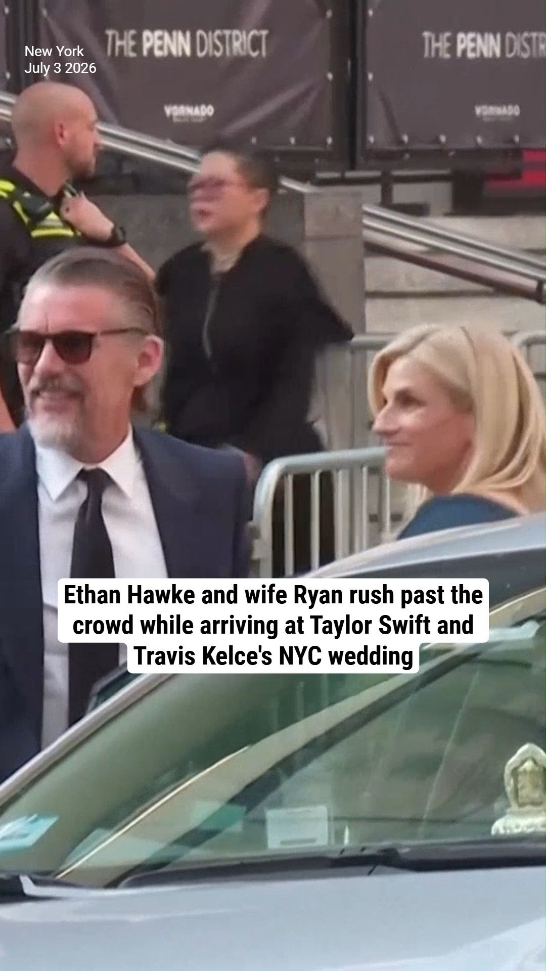Ethan Hawke and wife Ryan rush past the crowd while arriving at Taylor Swift and Travis Kelce's NYC wedding