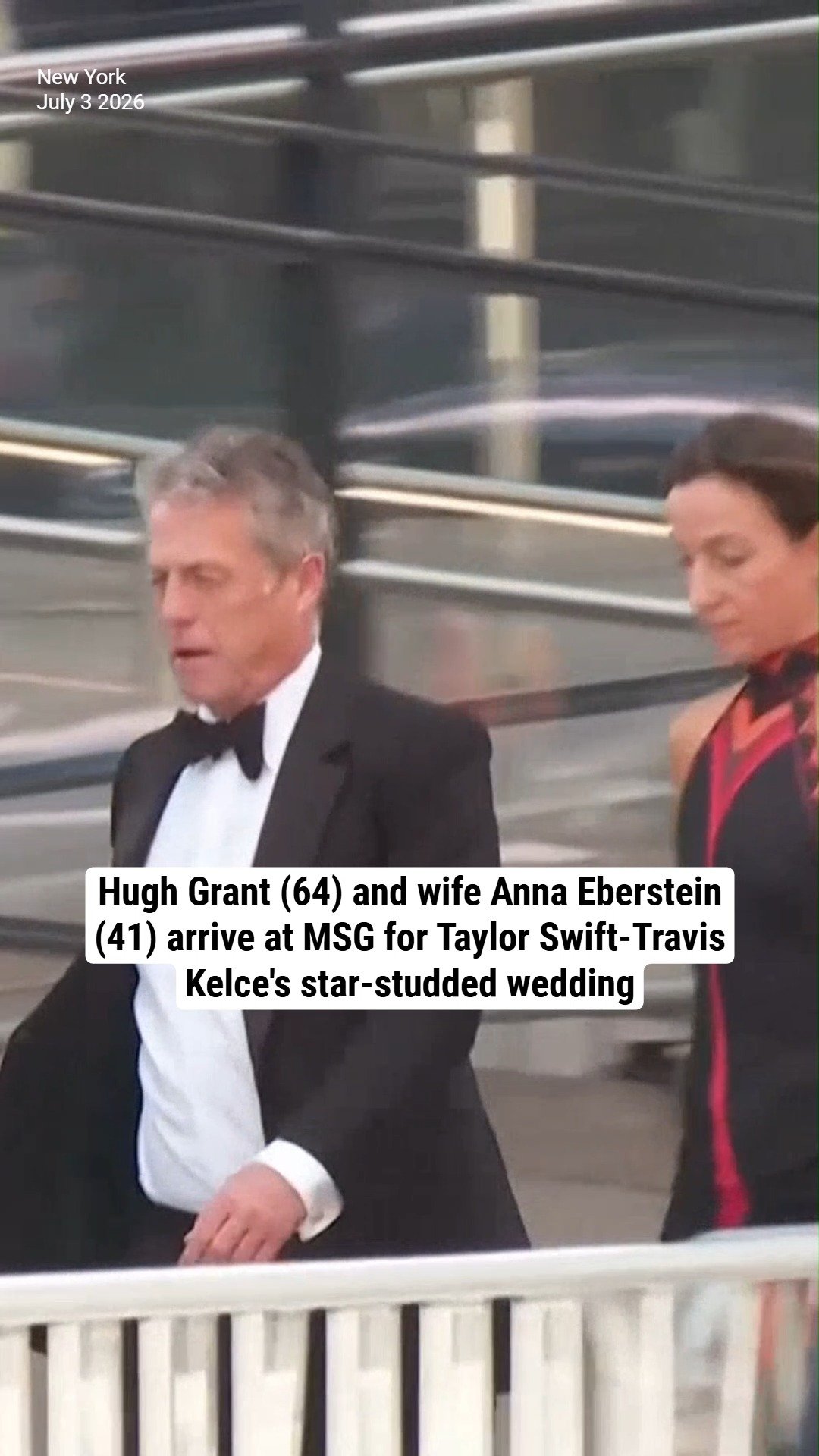 Hugh Grant (64) and wife Anna Eberstein (41) arrive at MSG for Taylor Swift-Travis Kelce's star-studded wedding