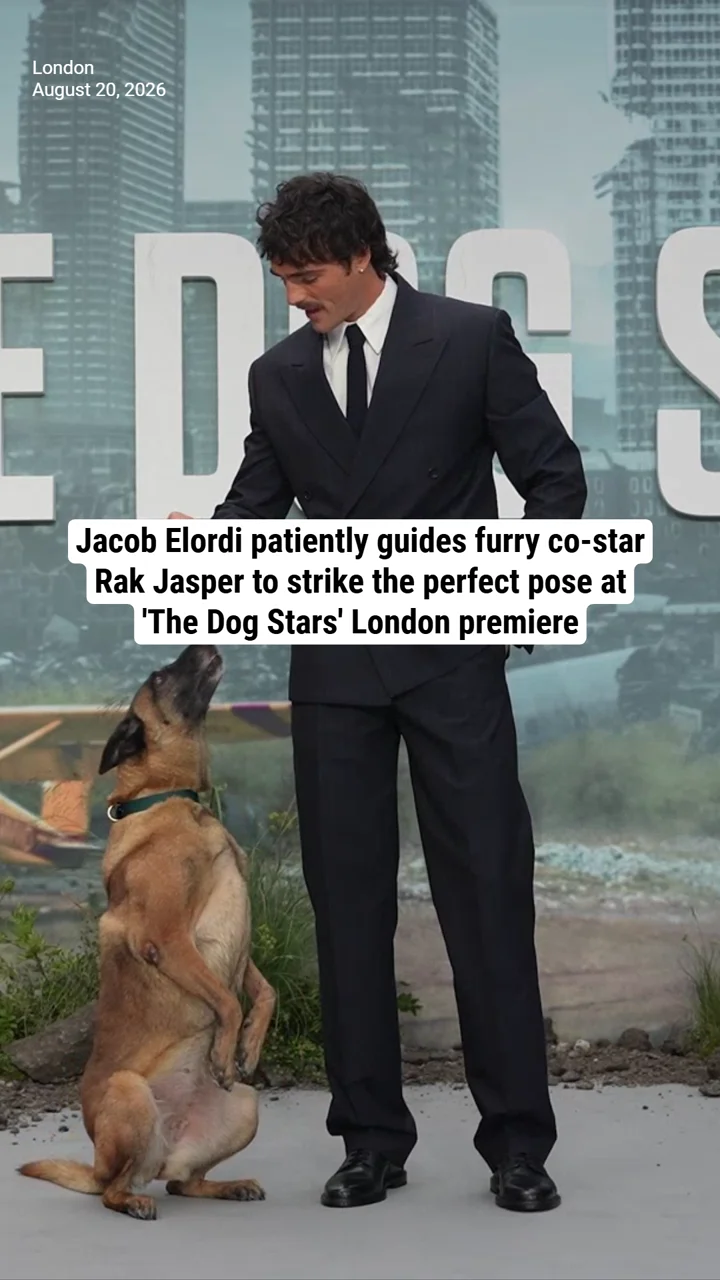 Jacob Elordi patiently guides furry co-star Rak Jasper to strike the perfect pose at 'The Dog Stars' London premiere