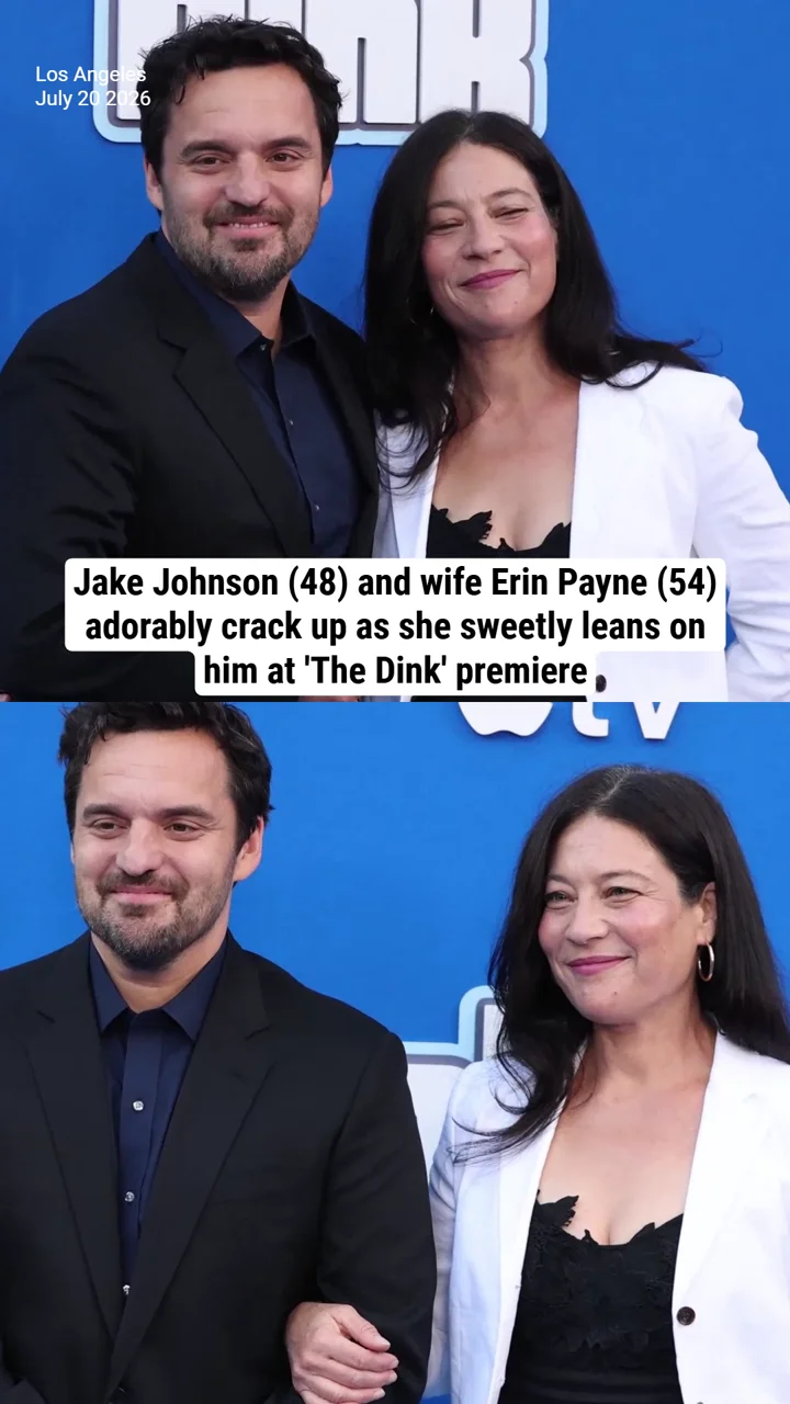 Jake Johnson (48) and wife Erin Payne (54) adorably crack up as she sweetly leans on him at 'The Dink' premiere