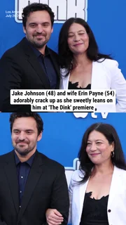 Jake Johnson (48) and wife Erin Payne (54) adorably crack up as she sweetly leans on him at 'The Dink' premiere