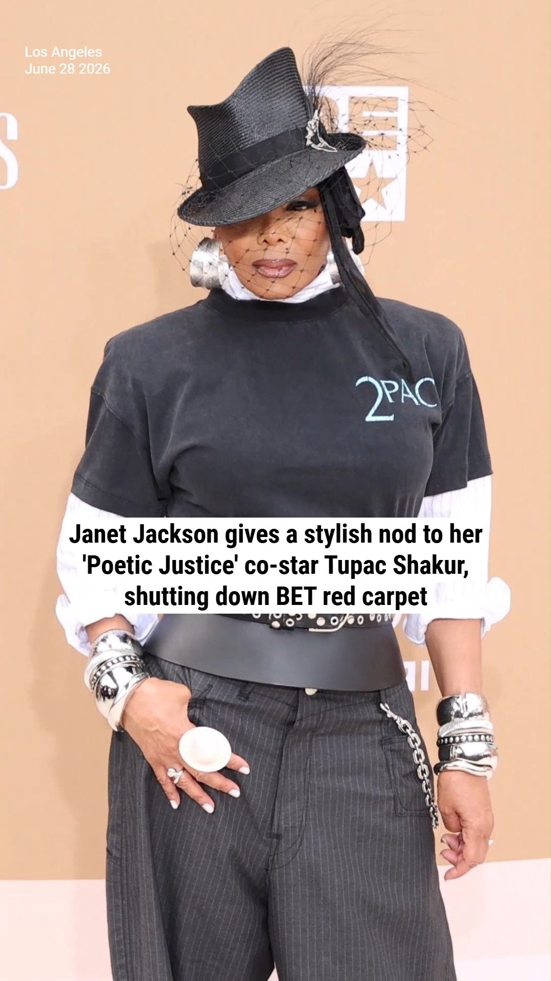 Janet Jackson gives a stylish nod to her 'Poetic Justice' co-star Tupac Shakur, shutting down BET red carpet