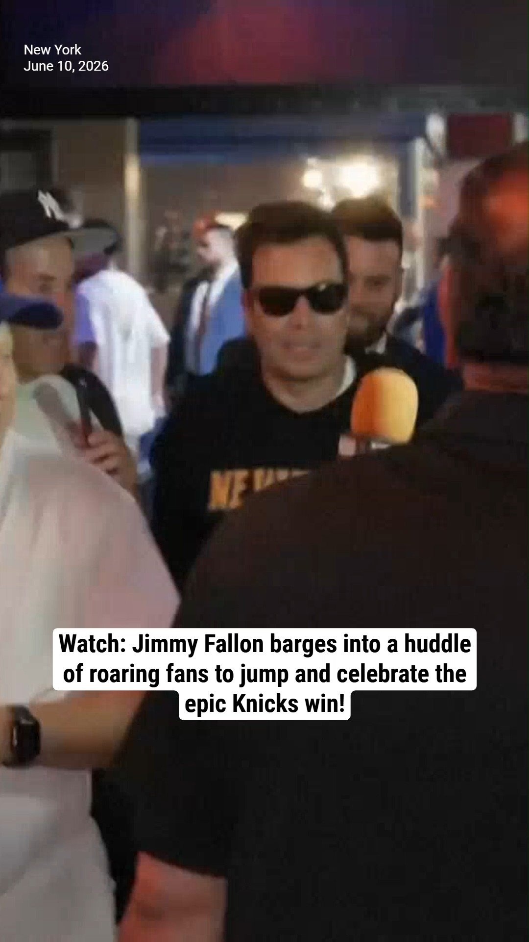 Watch: Jimmy Fallon barges into a huddle of roaring fans to jump and celebrate the epic Knicks win!