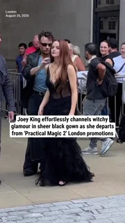 Joey King effortlessly channels witchy glamour in sheer black gown as she departs from 'Practical Magic 2' London promotions