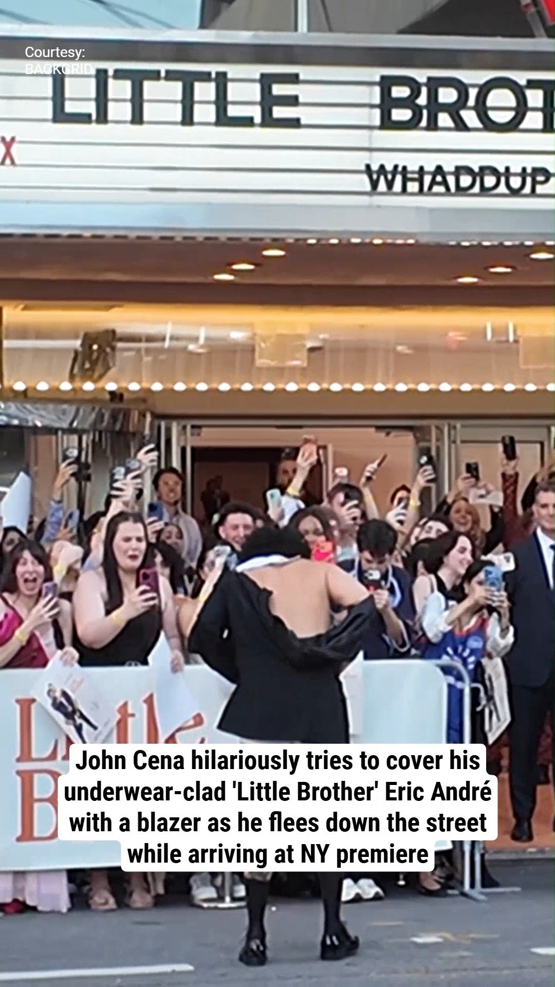 John Cena hilariously tries to cover his underwear-clad 'Little Brother' Eric André with a blazer as he flees down the street while arriving at NY premiere