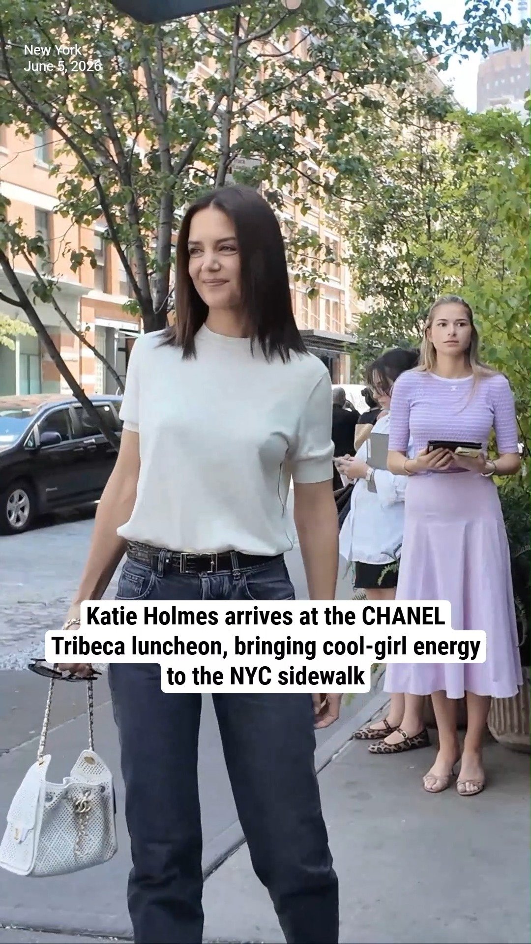 Katie Holmes arrives at the CHANEL Tribeca luncheon, bringing cool-girl energy to the NYC sidewalk
