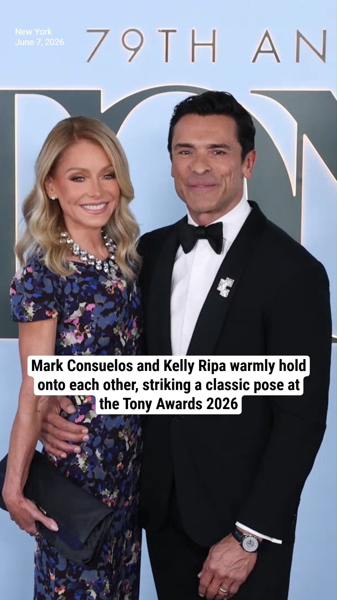 Mark Consuelos and Kelly Ripa warmly hold onto each other, striking a classic pose at the Tony Awards 2026