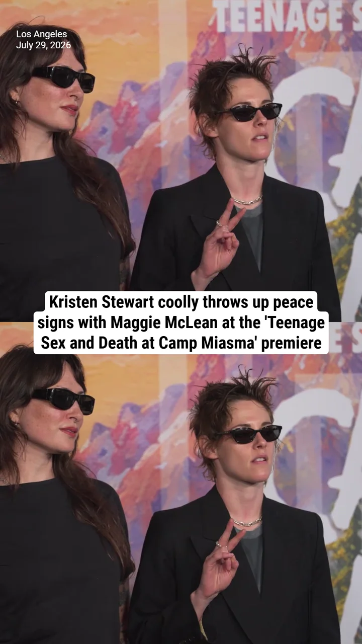 Kristen Stewart coolly throws up peace signs with Maggie McLean at the 'Teenage Sex and Death at Camp Miasma' premiere