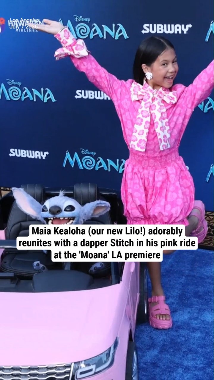 Maia Kealoha (our new Lilo!) adorably reunites with a dapper Stitch in his pink ride at the 'Moana' LA premiere