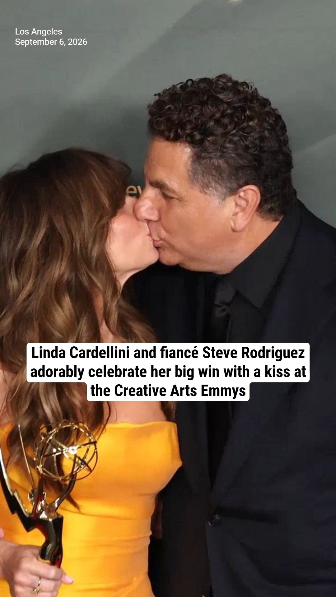 Linda Cardellini and fiancé Steve Rodriguez adorably celebrate her big win with a kiss at the Creative Arts Emmys