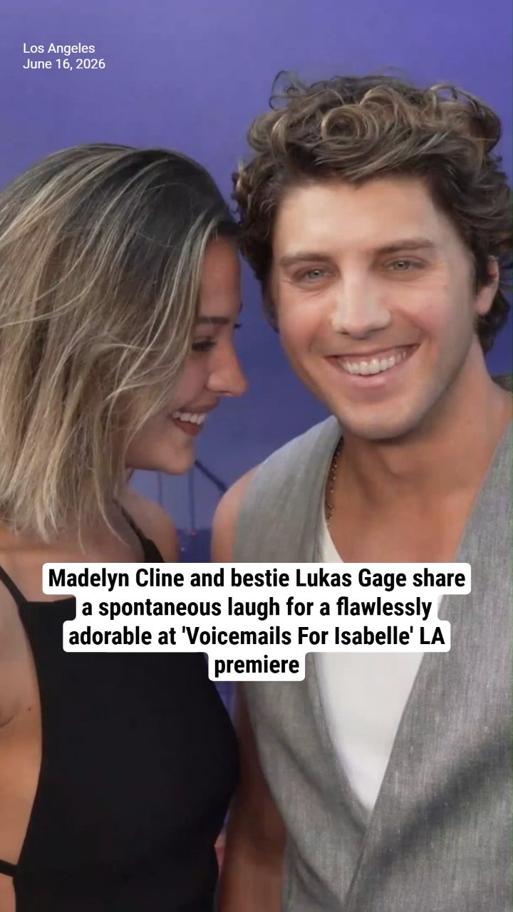 Madelyn Cline and bestie Lukas Gage share a spontaneous laugh for a flawlessly adorable at 'Voicemails For Isabelle' LA premiere