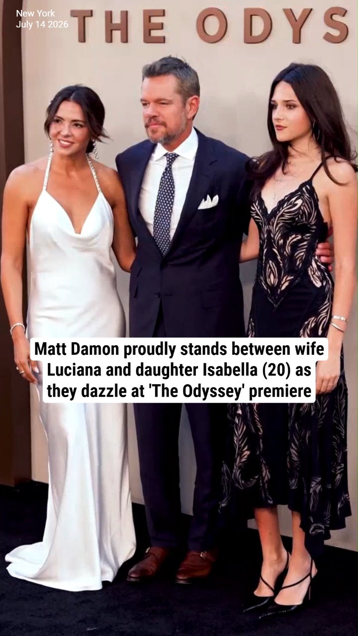 Matt Damon proudly stands between wife Luciana and daughter Isabella (20) as they dazzle at 'The Odyssey' premiere
