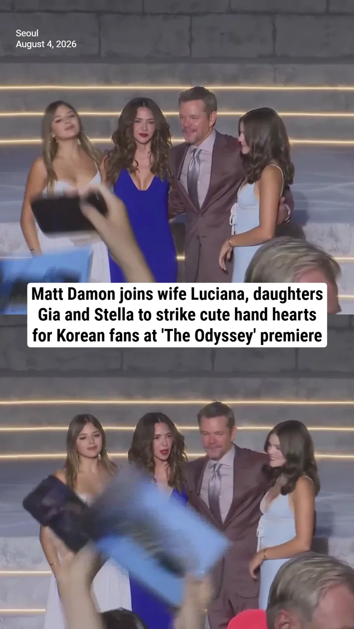 Matt Damon joins wife Luciana, daughters Gia and Stella to strike cute hand hearts for Korean fans at 'The Odyssey' premiere
