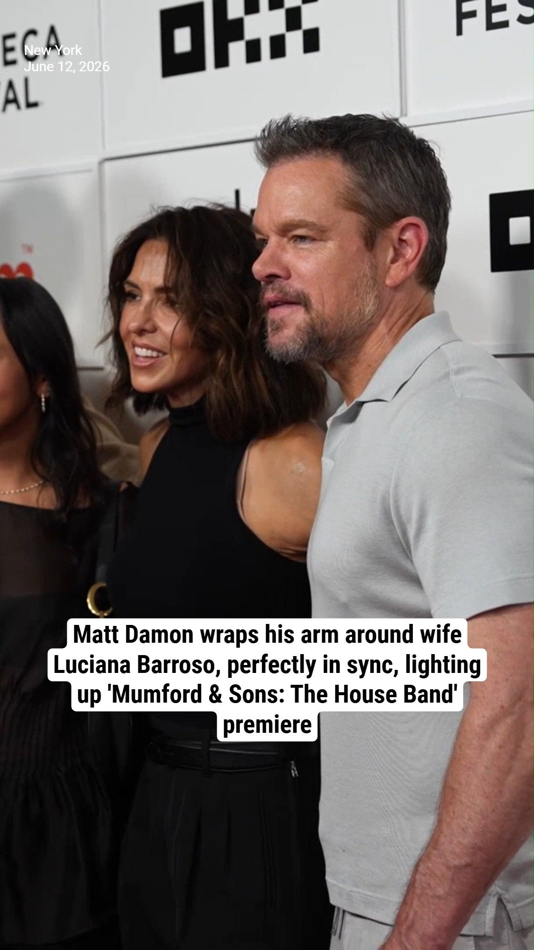 Matt Damon wraps his arm around wife Luciana Barroso, perfectly in sync, lighting up the world premiere of 'Mumford & Sons: The House Band'