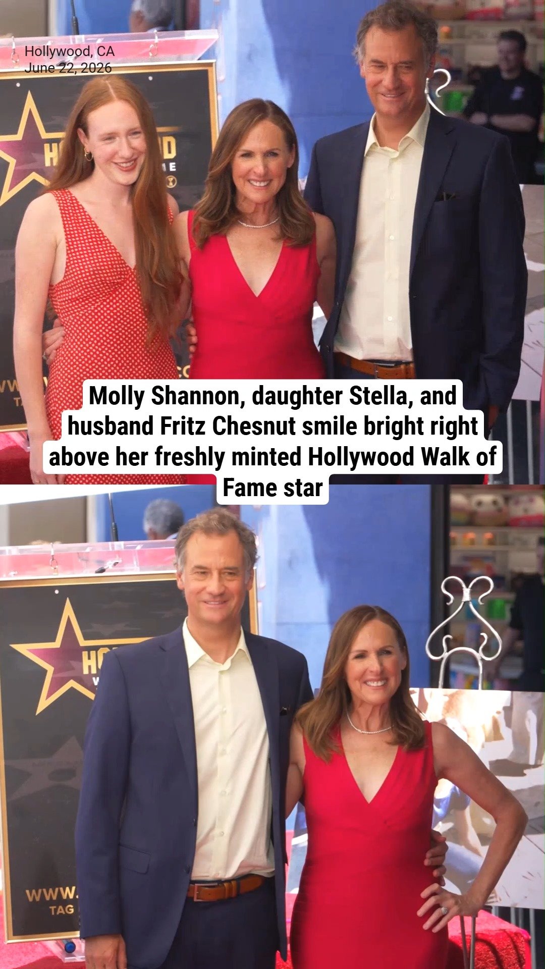 Molly Shannon, daughter Stella, and husband Fritz Chesnut smile bright right above her freshly minted Hollywood Walk of Fame star