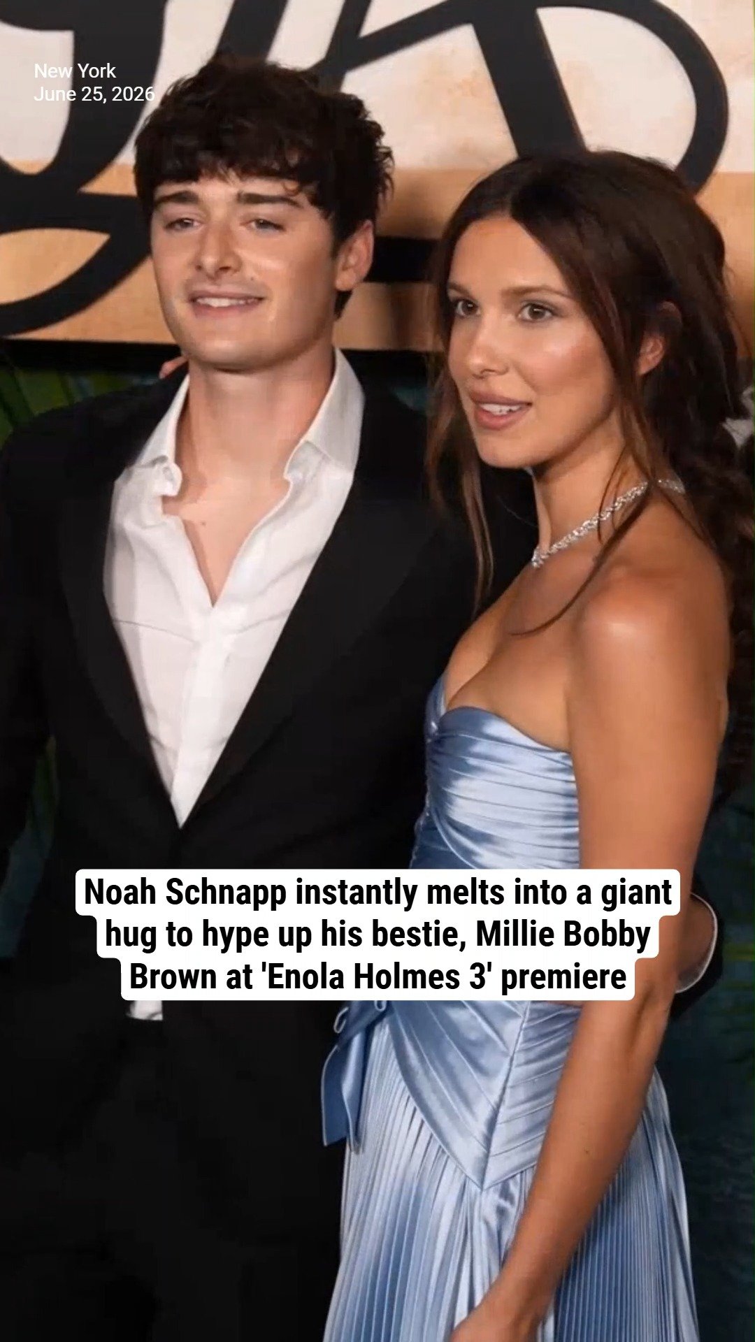 Noah Schnapp instantly melts into a giant hug to hype up his bestie, Millie Bobby Brown at 'Enola Holmes 3' premiere