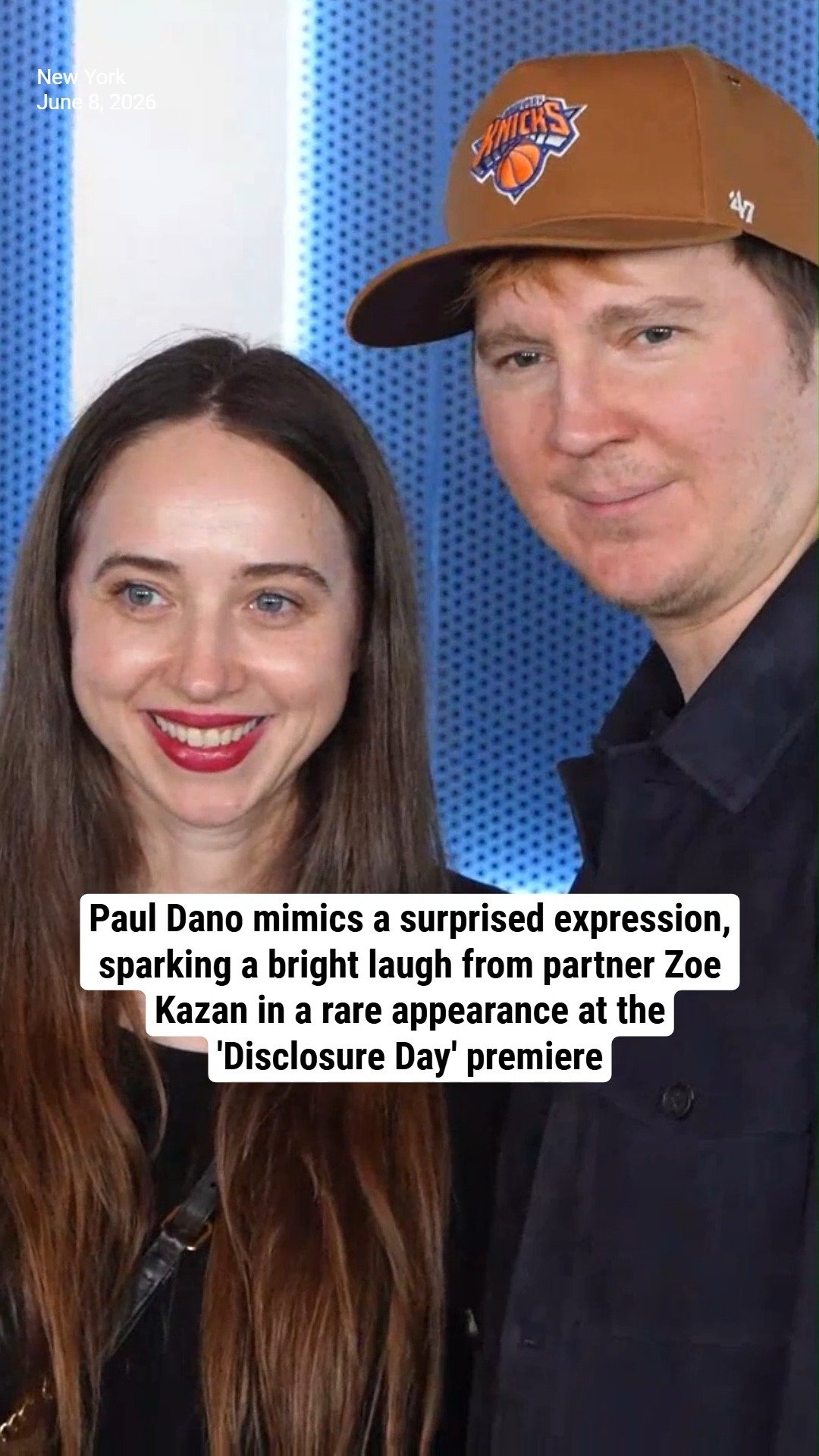 Paul Dano mimics a surprised expression, sparking a bright laugh from partner Zoe Kazan in a rare appearance at the 'Disclosure Day' premiere