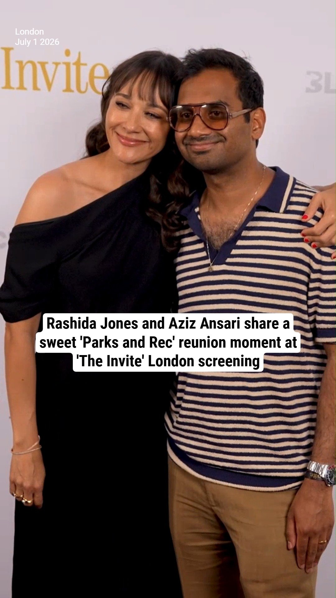 Rashida Jones and Aziz Ansari share a sweet 'Parks and Rec' reunion moment at 'The Invite' London screening