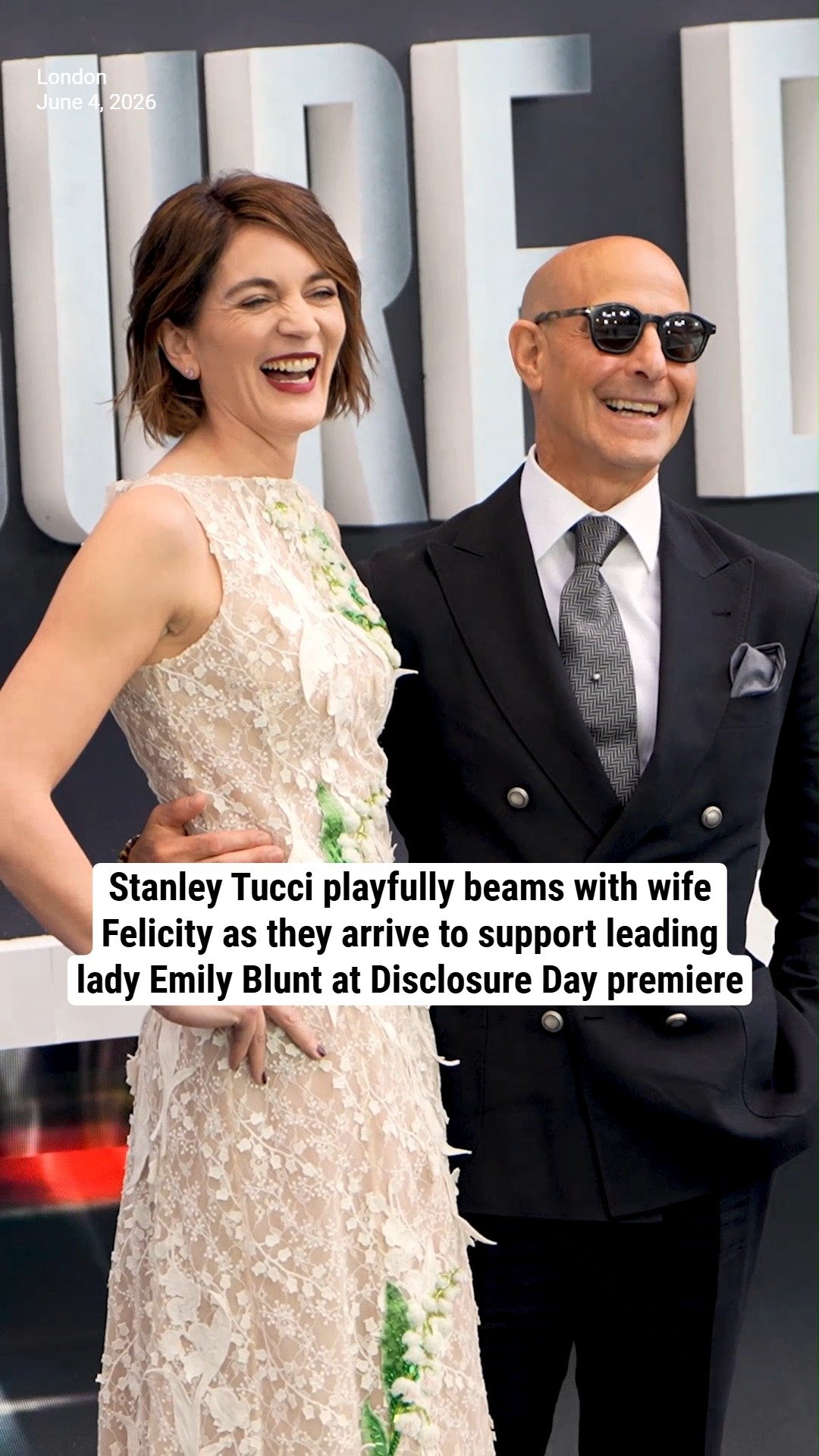 Stanley Tucci playfully beams with wife Felicity as they arrive to support leading lady Emily Blunt at Disclosure Day premiere