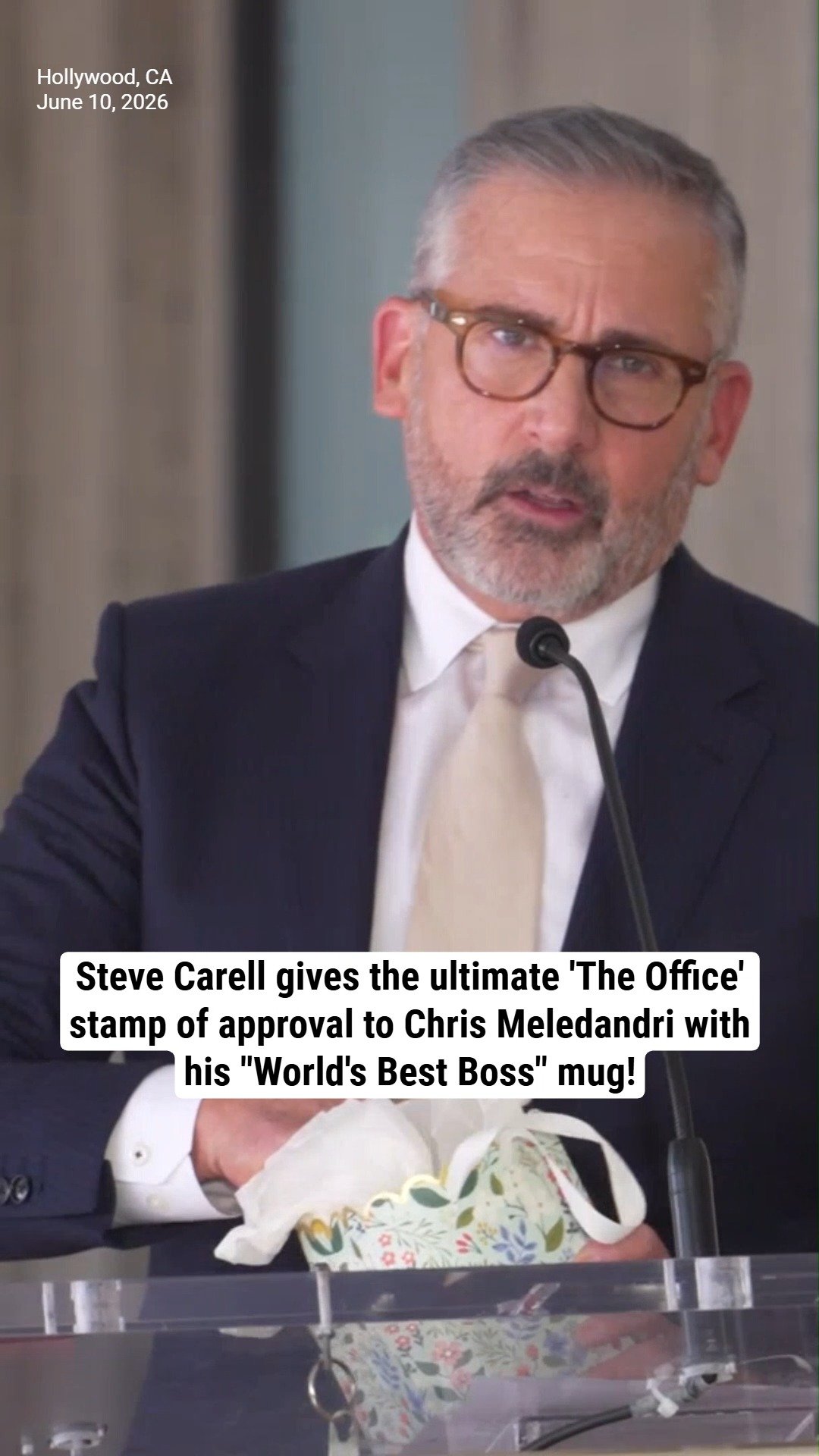 Steve Carell gives the ultimate 'The Office' stamp of approval to Chris Meledandri with his "World's Best Boss" mug!