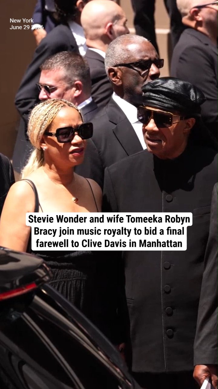 Stevie Wonder and wife Tomeeka Robyn Bracy join music royalty to bid a final farewell to Clive Davis in Manhattan