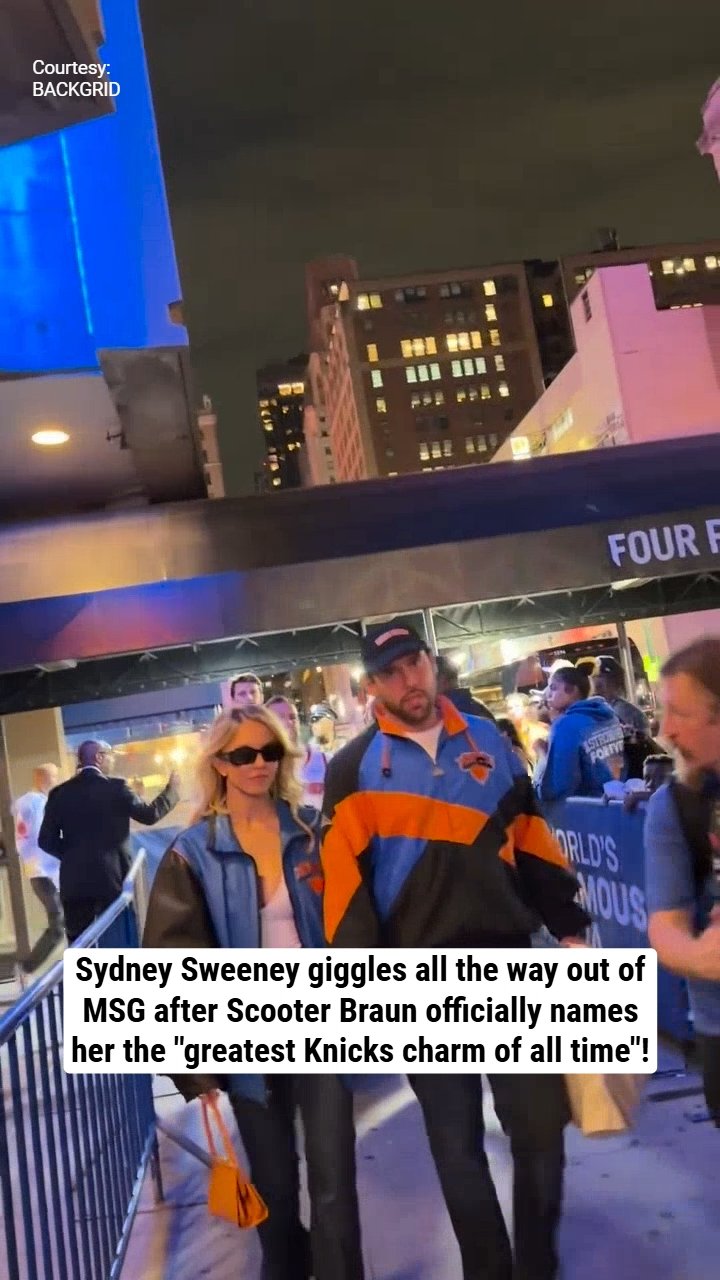 Sydney Sweeney giggles all the way out of MSG after Scooter Braun officially names her the "greatest Knicks charm of all time"!