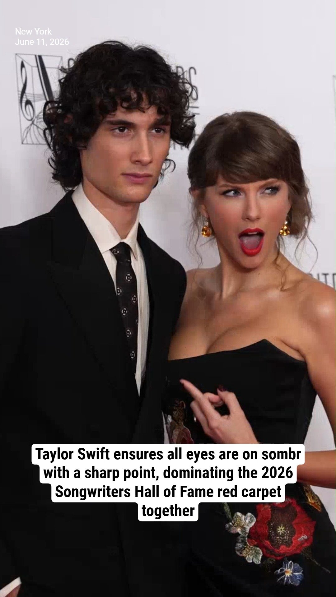 Taylor Swift ensures all eyes are on sombr with a sharp point, dominating the 2026 Songwriters Hall of Fame red carpet together