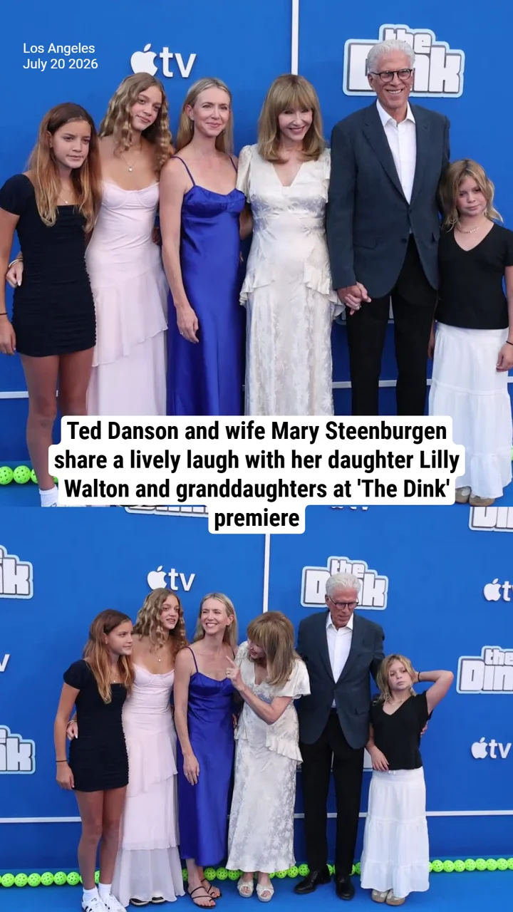 Ted Danson and wife Mary Steenburgen share a lively laugh with her daughter Lilly Walton and granddaughters at 'The Dink' premiere